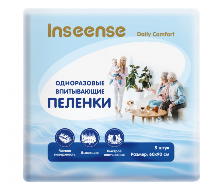 Фото Пеленки одноразовые впитывающие для взрослых Inseense Daily Comfort 60х90см, 5 шт, ООО "Сириус", Россия