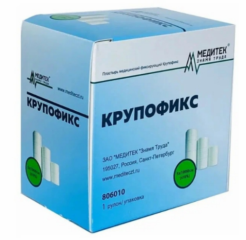 Фото Рулонный фиксирующий пластырь на нетканой основе КРУПОФИКС 10x1000см, 50 рулонов/коробка, Россия 