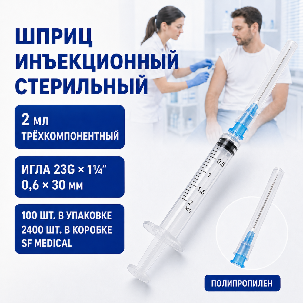Фото Шприц стерильный инъекционный одн. прим. 2мл с надетой иглой 23Gх1 1/4"(0,6х30мм), 3-к, (ПП), 2400шт/100шт., SF Medical