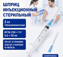 Фото Шприц стерильный инъекционный одн. прим. 2мл с надетой иглой 23Gх1 1/4"(0,6х30мм), 3-к, (ПП), 2400шт/100шт., SF Medical