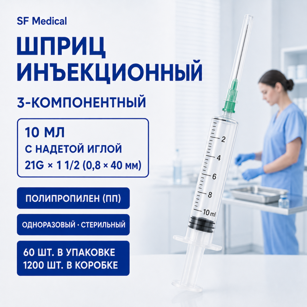 Фото Шприц 3-компон. стерил. инъекц. одн. прим. 10 мл с надет.игл. 21G 1 1/2" (0.8x40 мм) 3-к., (ПП), 1200шт /60шт., SF Medical