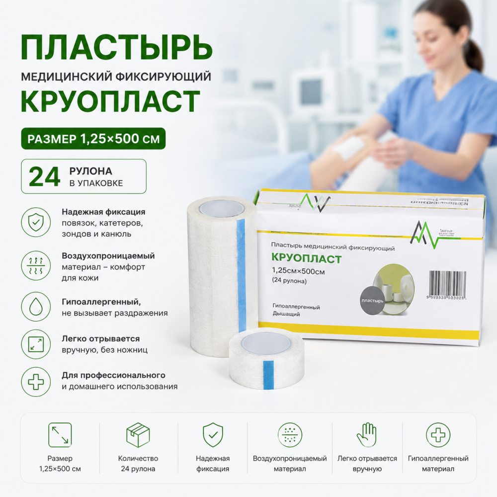 Фото Пластырь медицинский фиксирующий "Круопласт" 1,25*500 см (24 рул/упак)