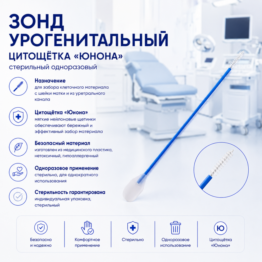 Фото Зонд урогенитальный стерильный цитощетка Юнона, уп.100 шт.