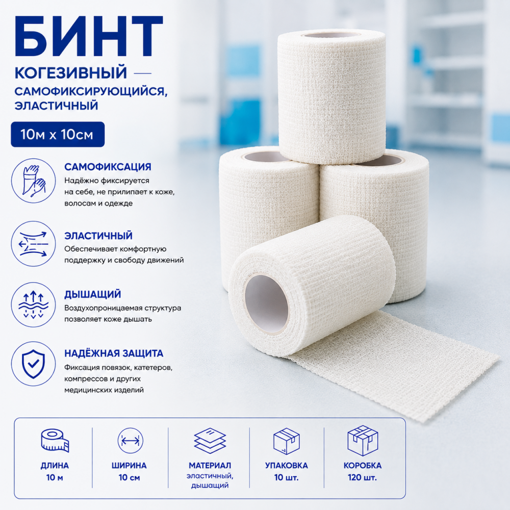 Фото Бинт когезивный самофиксирующийся, эластичный 10м х 10см, Вариант, уп. 10 шт., кор. 120 шт.