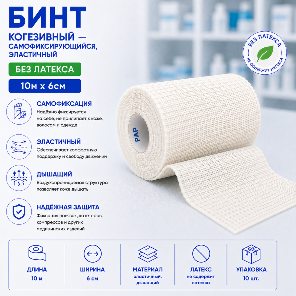 Фото Бинт когезивный самофиксирующийся, эластичный, без латекса 10м х 6см, Вариант, уп. 10 шт.