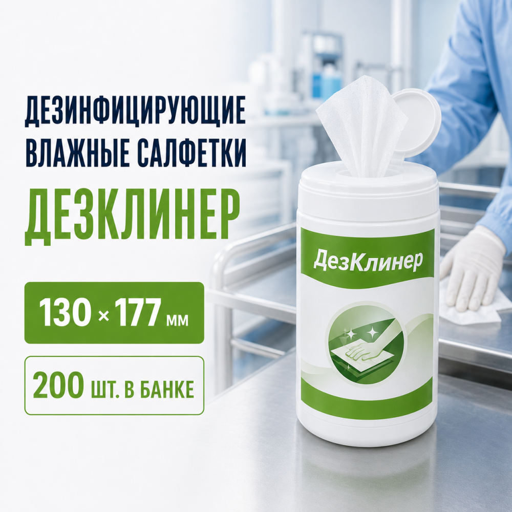 Фото Дезинфицирующие салфетки, влажные, размер 130х177мм, банка - 200шт, ДезКлинер