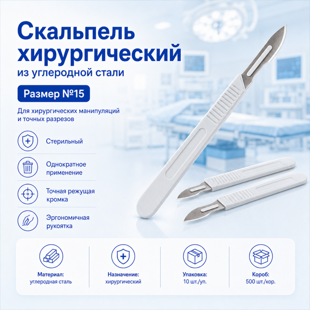 Фото Скальпель хирургический стерильный однократного применения из углеродной стали размер №15,уп. 10 шт. кор. 500 шт.CERTUS