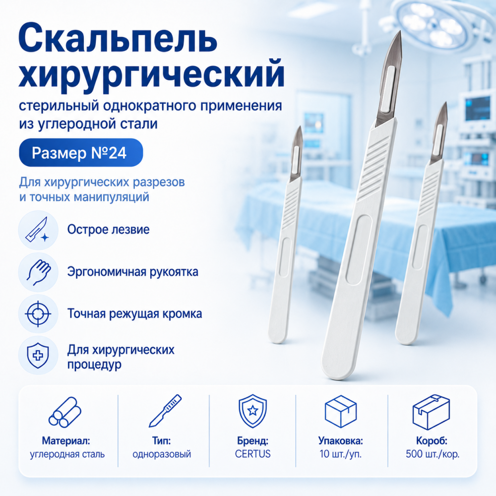Фото Скальпель хирургический стерильный однократного применения из углеродной стали размер №24,уп. 10 шт. кор. 500 шт.CERTUS