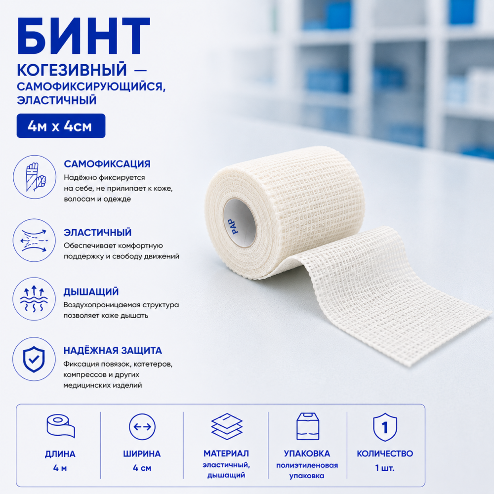 Фото Бинт когезивный самофиксирующийся, эластичный 4м х 4см, Вариант, полиэтиленовая уп. 1 шт.