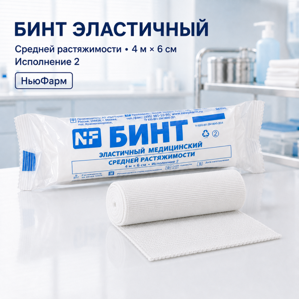 Фото Бинт эластичный 4м х 6см средней растяжимости исп. 2, НьюФарм