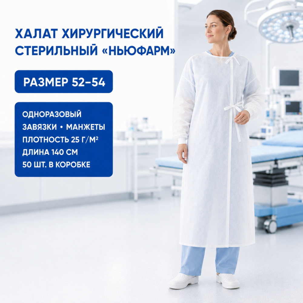 Фото Халат хирургический одноразовый стерильный на завязках, рукав манжета, дл.140 см, пл. 25г/м2, р-р 52-54 (50шт/кор.) Ньюфарм 