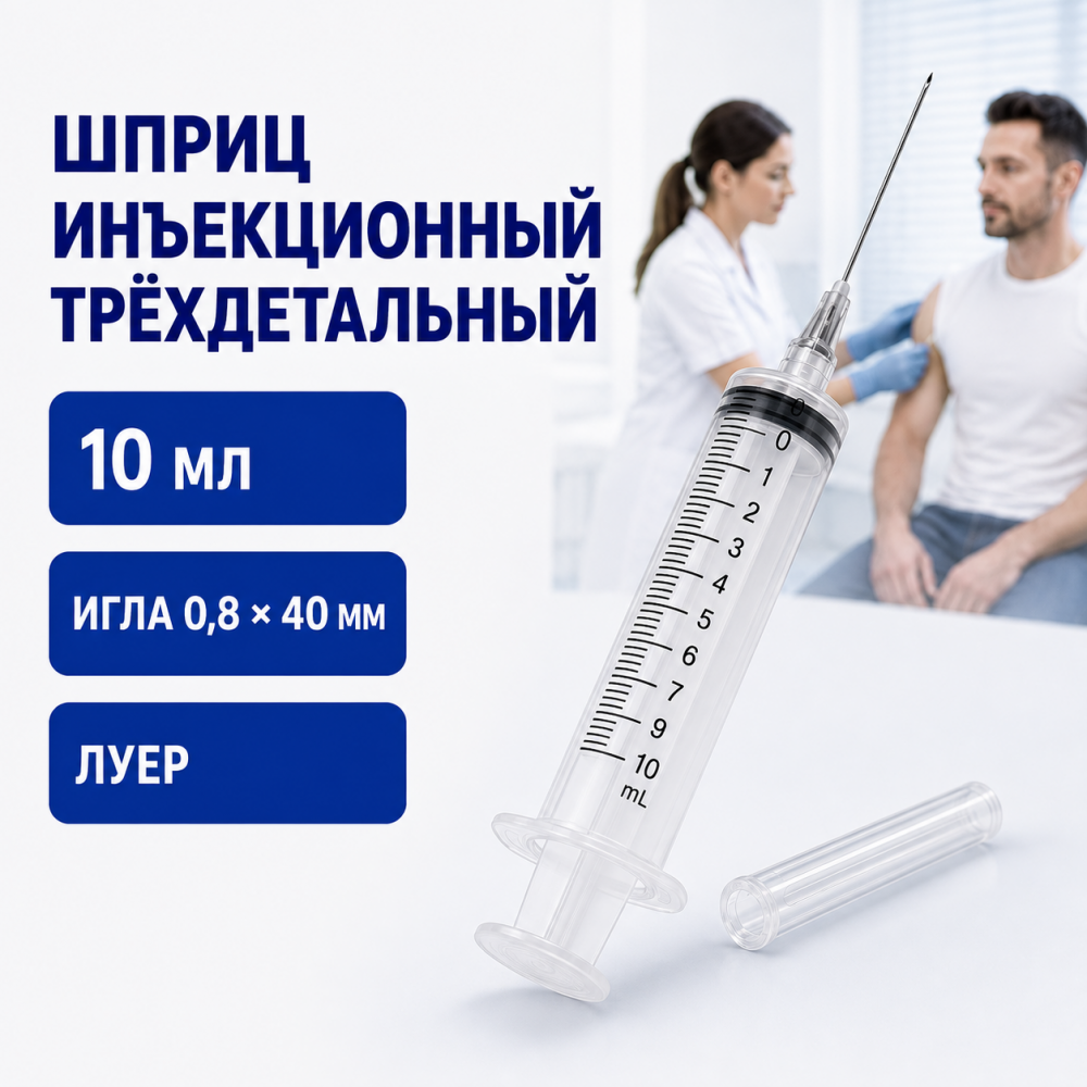 Фото Шприцы инъекционные однократного применения,трехдетальные 10Б "Луер", вместимостью 10 см3, с иглой 0,8х40