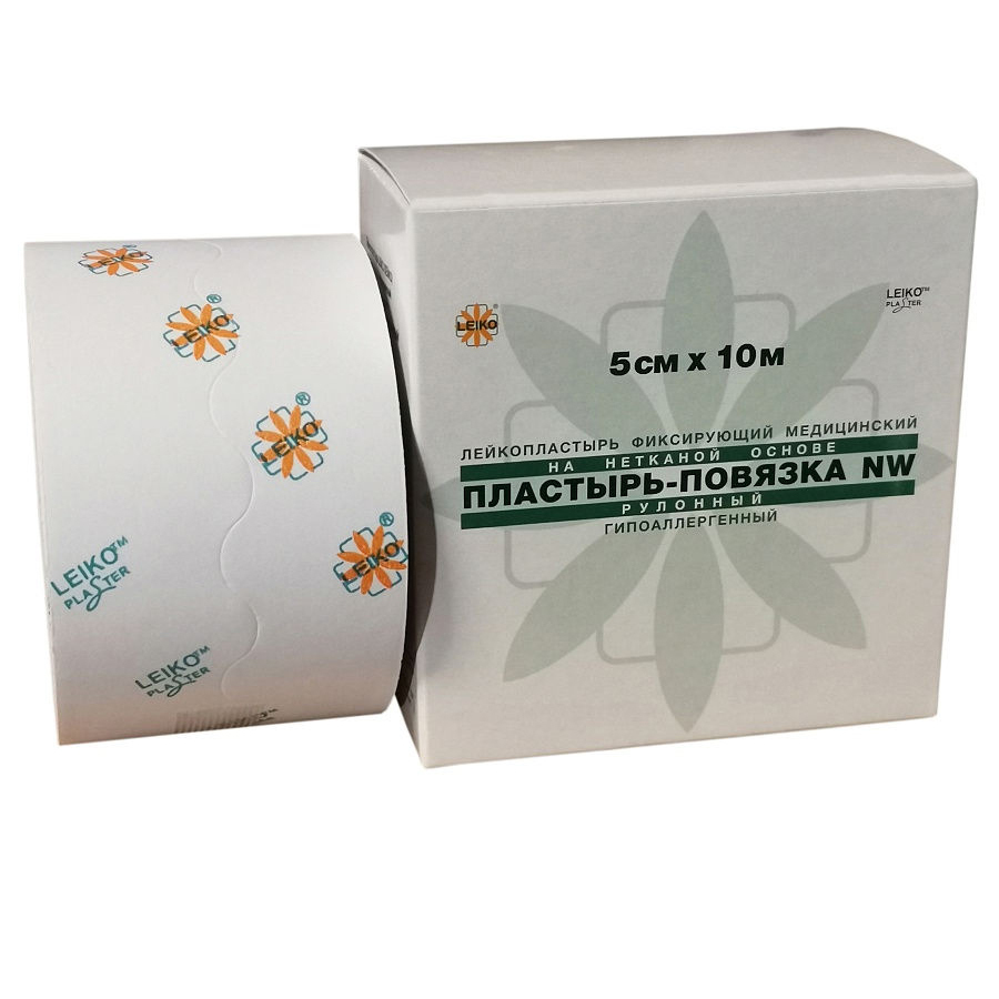 Фото Лейкопластырь LEIKO (ЛЕЙКО) фиксирующий медицинский на нетканой основе, пластырь-повязка NW рулонный, гипоаллергенный 5см х 10м