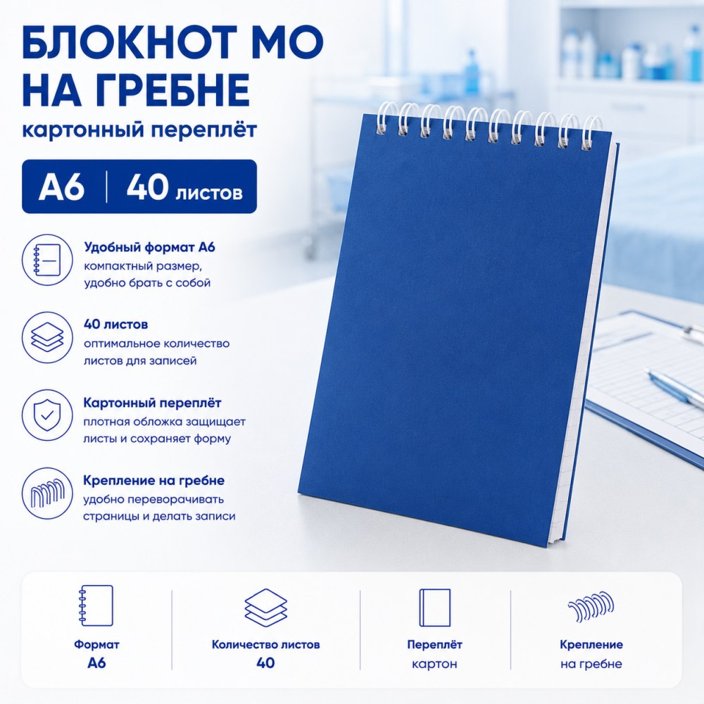 Фото Блокнот МО гребень картон А6 40л синий