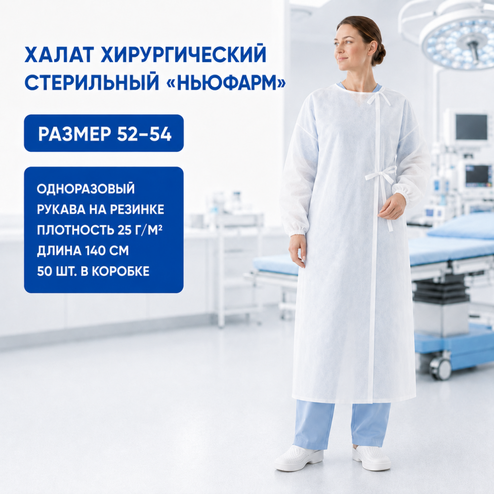 Фото Халат хирургический одноразовый стерильный на завязках, рукав резинка, дл.140 см, пл. 25г/м2, р-р 52-54 (50шт/кор.) Ньюфарм 