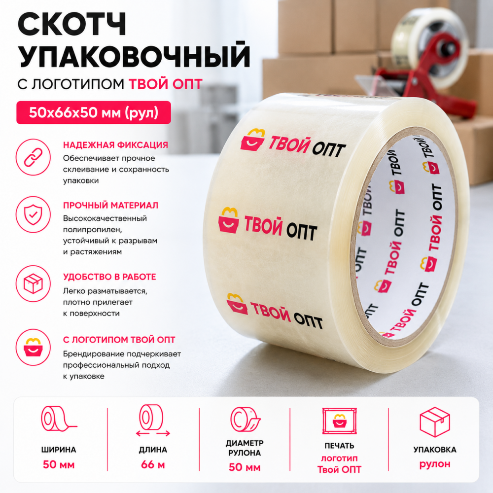 Фото Скотч (к/л упаковочная) с логотипом Твой ОПТ 50х66х50 (рул)