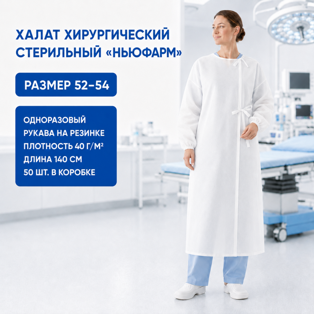 Фото Халат хирургический одноразовый стерильный на завязках, рукав резинка, дл.140 см, пл. 40г/м2, р-р 52-54 (50шт/кор.) Ньюфарм 