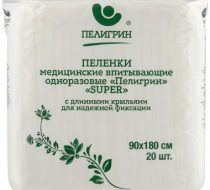 Фото Пеленки медицинские впитывающие не менее 1200 мл., вес 75 гр., одноразовые, нестерильные "Пелигрин", "Super" 90х180см, 20шт.уп / кор. 4уп