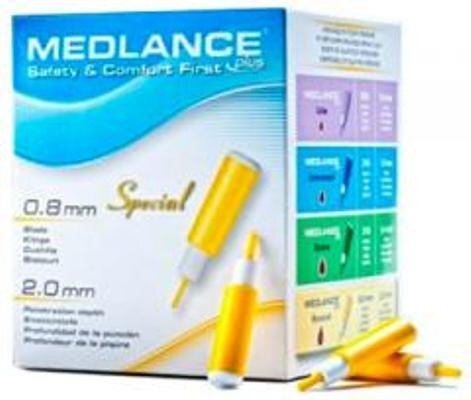 Фото Ланцет автоматический Medlance plus Special, перо 0,8 мм, глубина прокола 2,0 мм. лезвие, желтый, уп.200 шт.