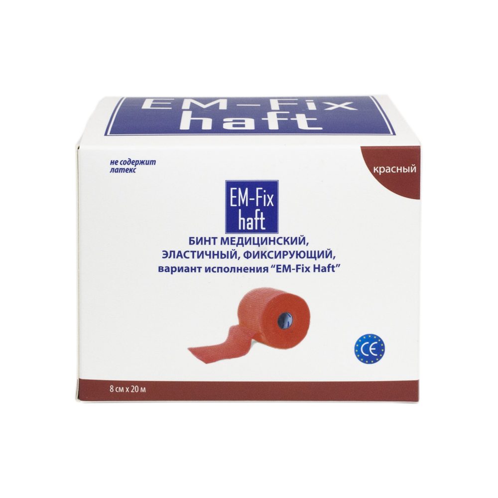 Фото Бинт самофиксирующийся EM-Fix haft, размер 8см х 20м цвет красный в инд.карт.упаковке (кор. 64 шт)