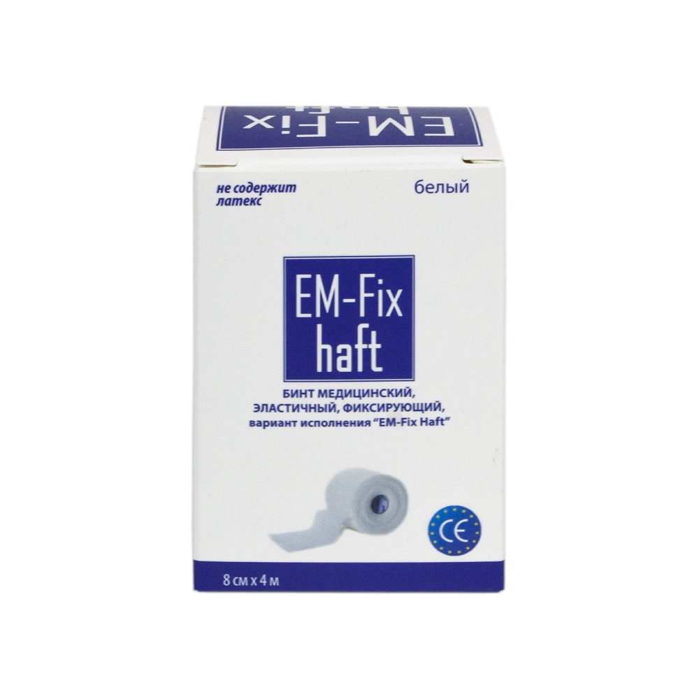 Фото Бинт самофиксирующийся EM-Fix haft, размер 8см х 4м цвет белый в инд.карт.упаковке (кор. 108 шт)