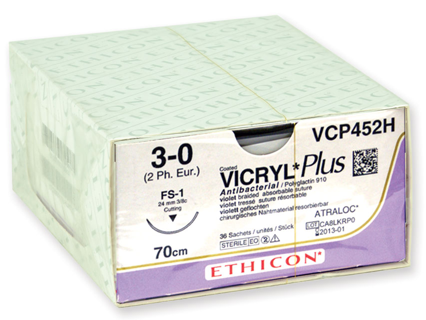 Фото VCP304H Викрил Плюс фиолетовый М1.5 (4/0) 70 см, игла колющая RB-1 PLUS, уплощенный кончик, 1/2 окружности, 17 мм, уп/36 шт.