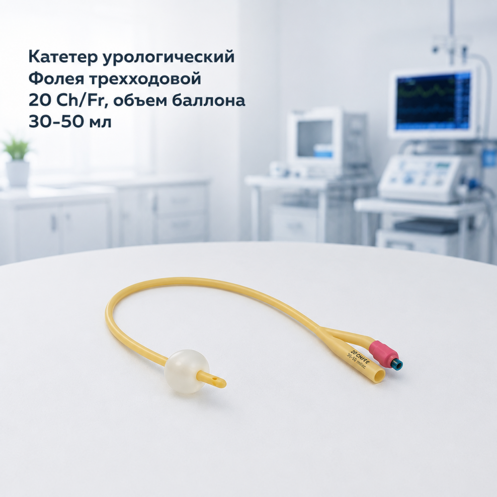 Фото  Катетер урологический Фолея трехходовой 20 Ch/Fr, объем баллона 30-50 мл