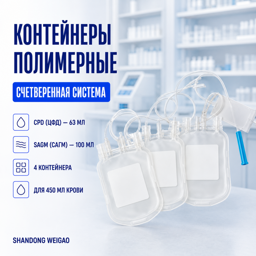 Фото Контейнеры полимерные с антикоагулянтом CPD (ЦФД) и  раствором SAGM (САГМ) счетверенные