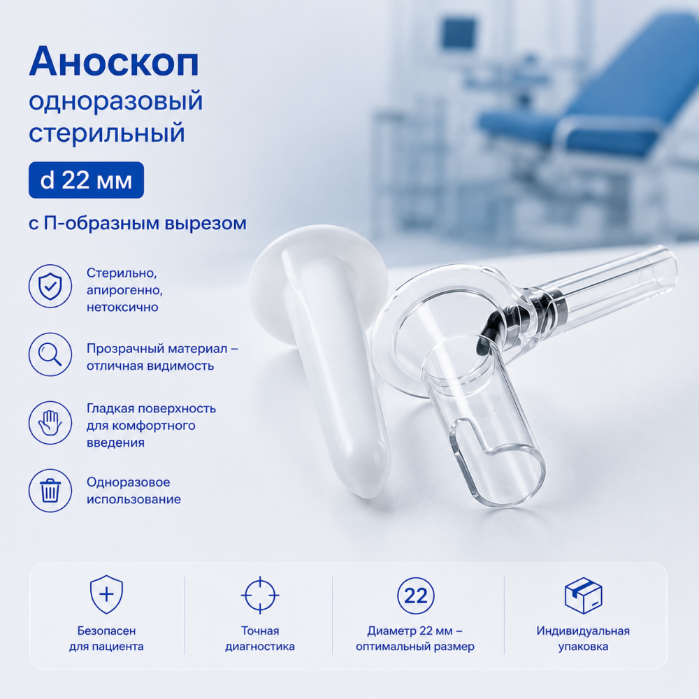 Фото Аноскоп одноразовый стерильный d 22 мм, с П-образным вырезом (90шт/кор.)