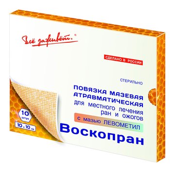 Фото Повязка "Воскопран-Муц" атравматическая на текстильной основе с восковым покрытием стерильная с мазью Метилурациловая 10%, 10*10см., №10