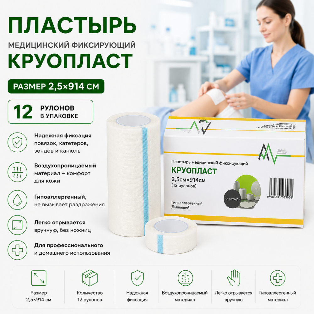 Фото Пластырь медицинский фиксирующий "Круопласт" 2,5*914 см (12 рул/упак)