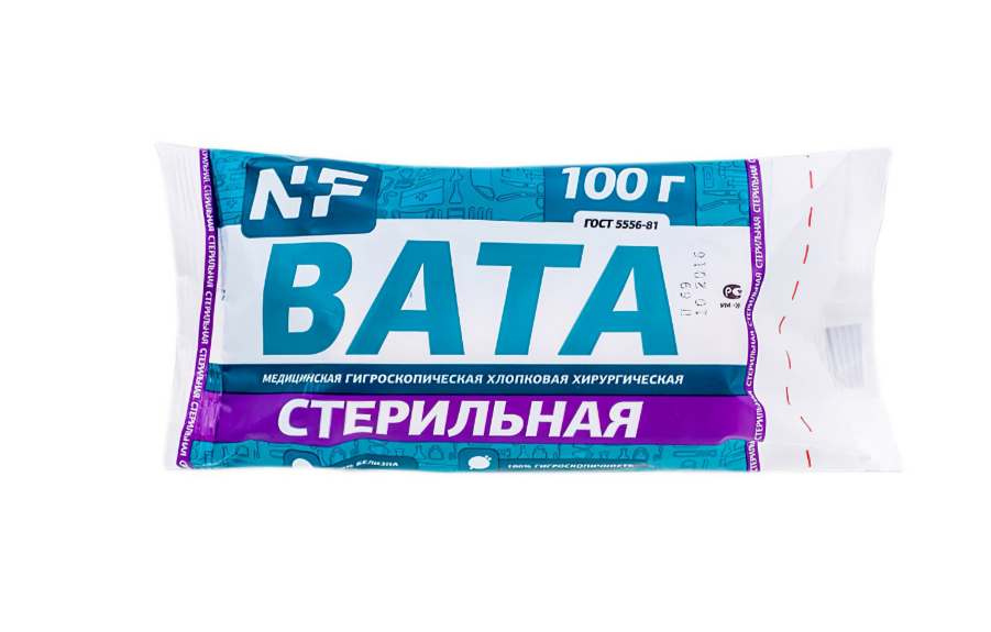 Фото Вата медицинская гигроскопическая хирургическая стерильная хлопковая 100г DIVIA, Ньюфарм (инд.уп/100шт/кор.)