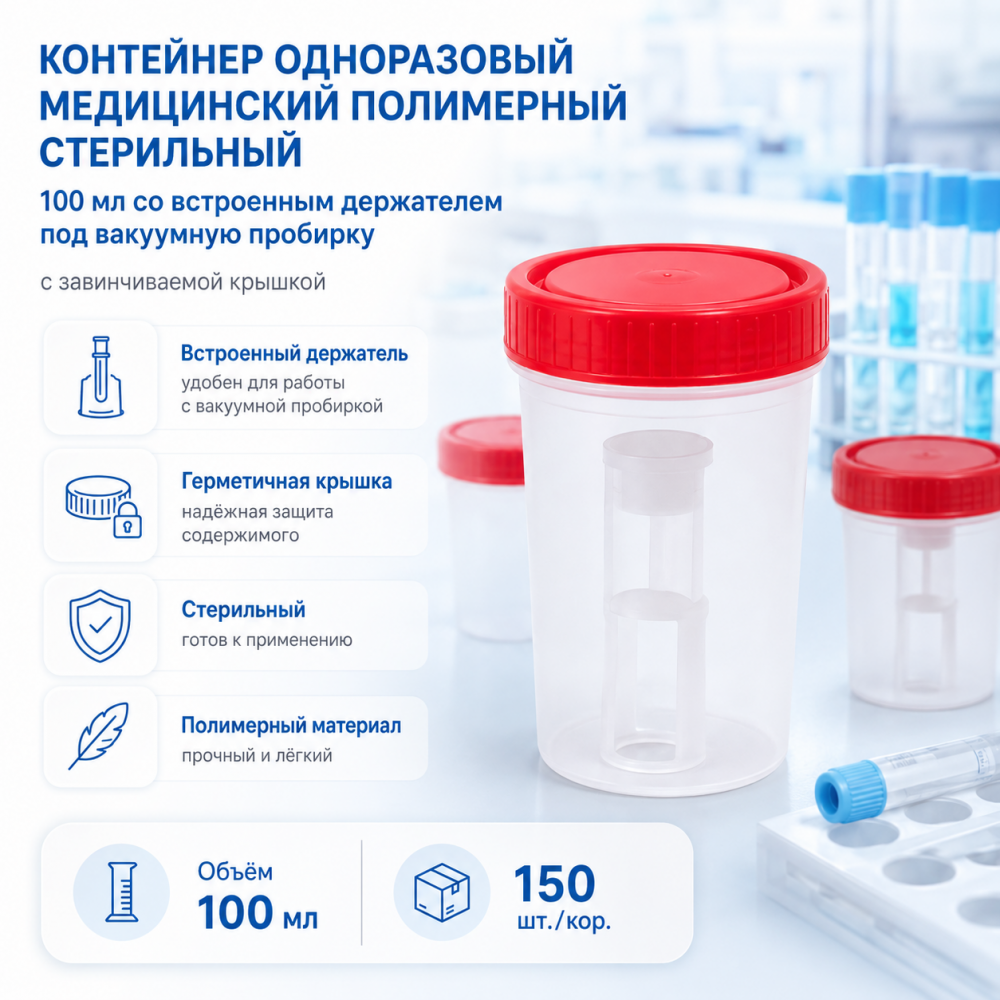 Фото Контейнер одноразовый медицинский полимерный стерильный 100 мл с встроенным держателем под вакуумную пробирку с завинчиваемой крышкой (150шт/кор.)