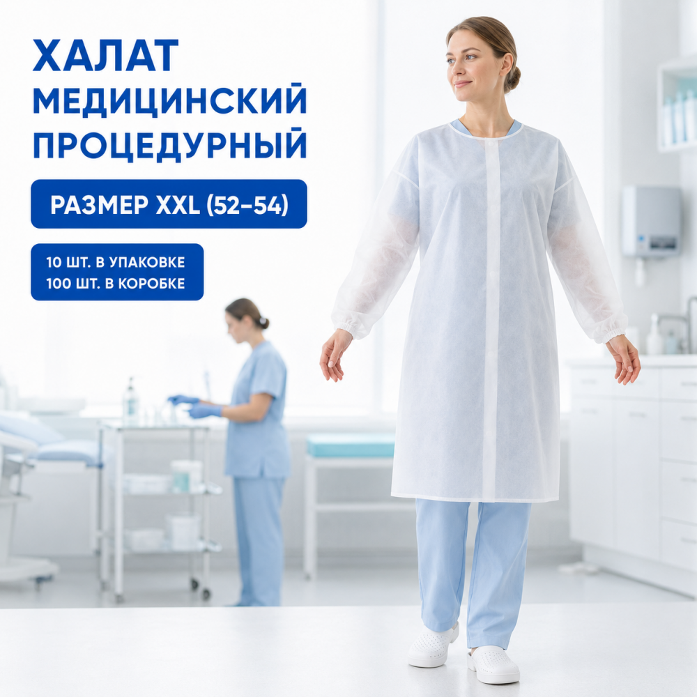 Фото Халат медицинский (процедурный) на липучках,с рукавами на резинке,н/стер.,спанбонд,25 г/м2, размер: XXL (52-54), дл.110cм, белый, уп.10 шт.кор.100 шт.