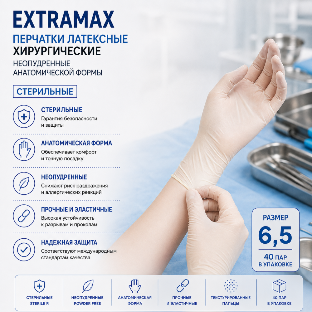 Фото Перчатки латексные хирургические неопудренные анатомической формы ExtraMax размер 6,5 стерильные (40пар/уп)