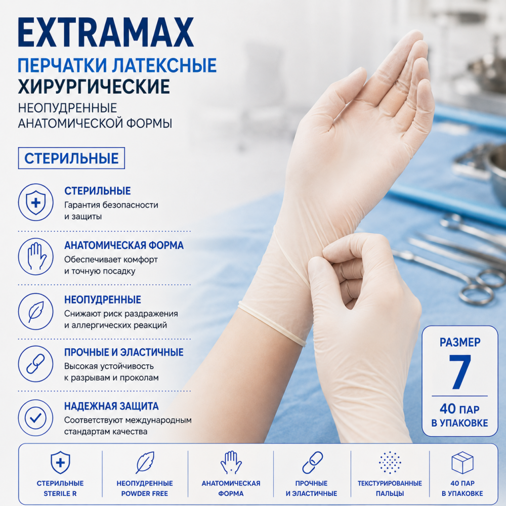 Фото Перчатки латексные хирургические неопудренные анатомической формы ExtraMax размер 7 стерильные (40пар/уп)