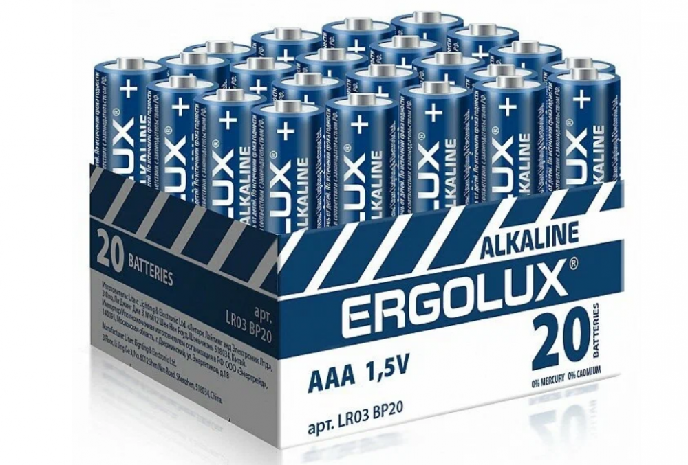 Фото Батарейка Ergolux AAA/LR 03 Alkaline BP-20 (LR 03 BP20, 1.5В) 20 шт/уп.)