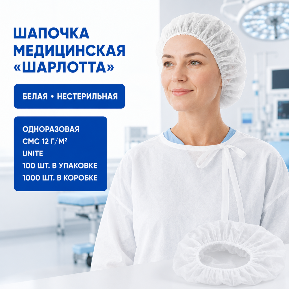 Фото Шапочка медицинская Шарлотта одноразовая нестерильная, белая, СМС пл.12, UNITE (100шт/упак.,1000шт/кор.)