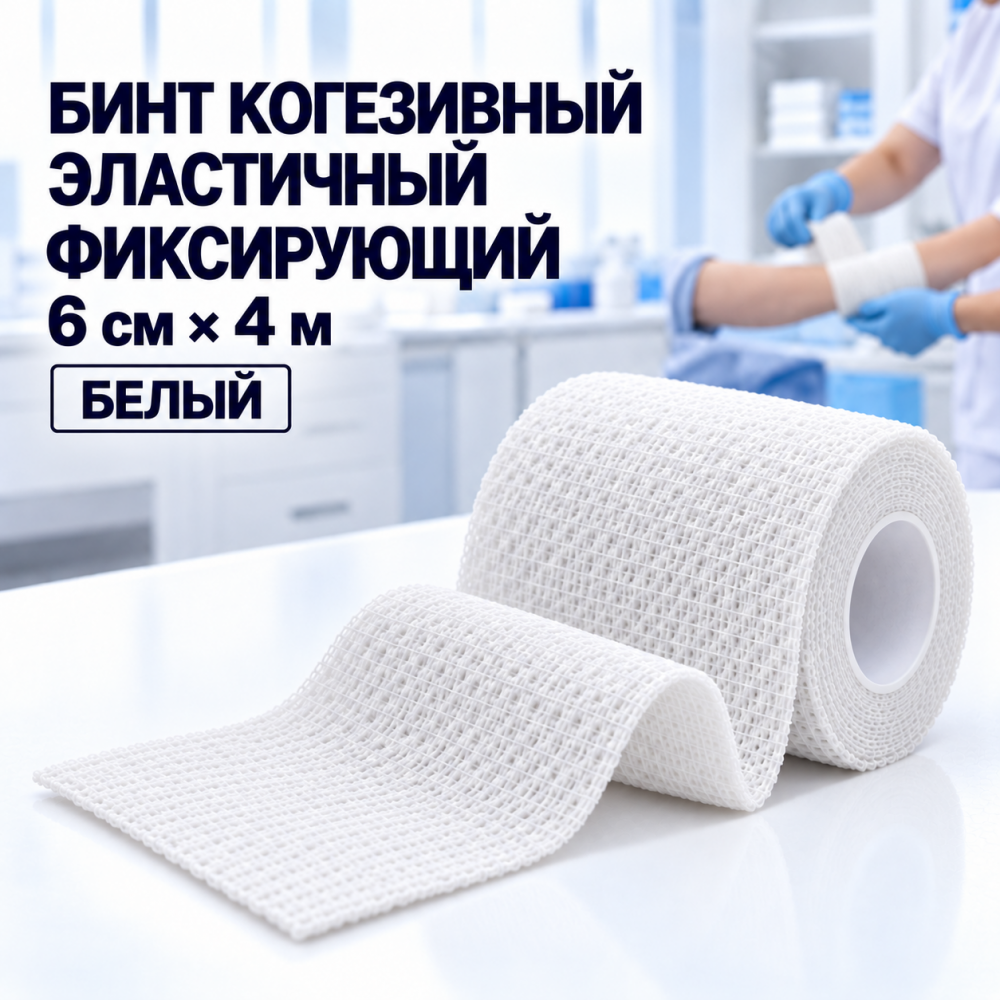 Фото Бинт когезивный эластичный фиксирующий 6см х 4м белый