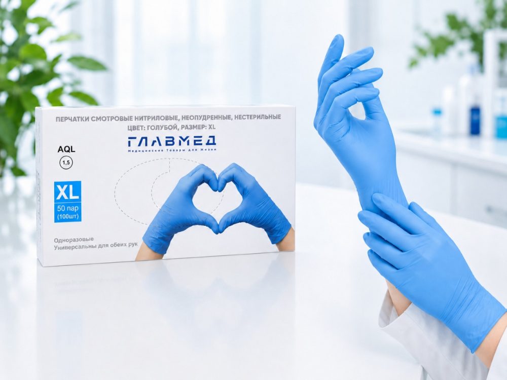 Фото Перчатки смотровые нитриловые, неопудренные, нестерильные, цвет: голубой, размер: XL (50пар/уп.,500пар/кор.) ТМ Главмед