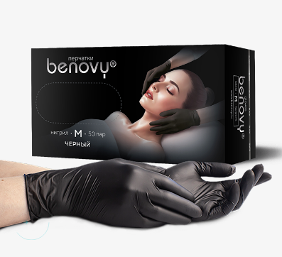 Фото Перчатки медицинские нитриловые нестерильные "BENOVY Nitrile TrueColor" размер: L, цвет: черный (50пар/уп.,500пар/кор.)