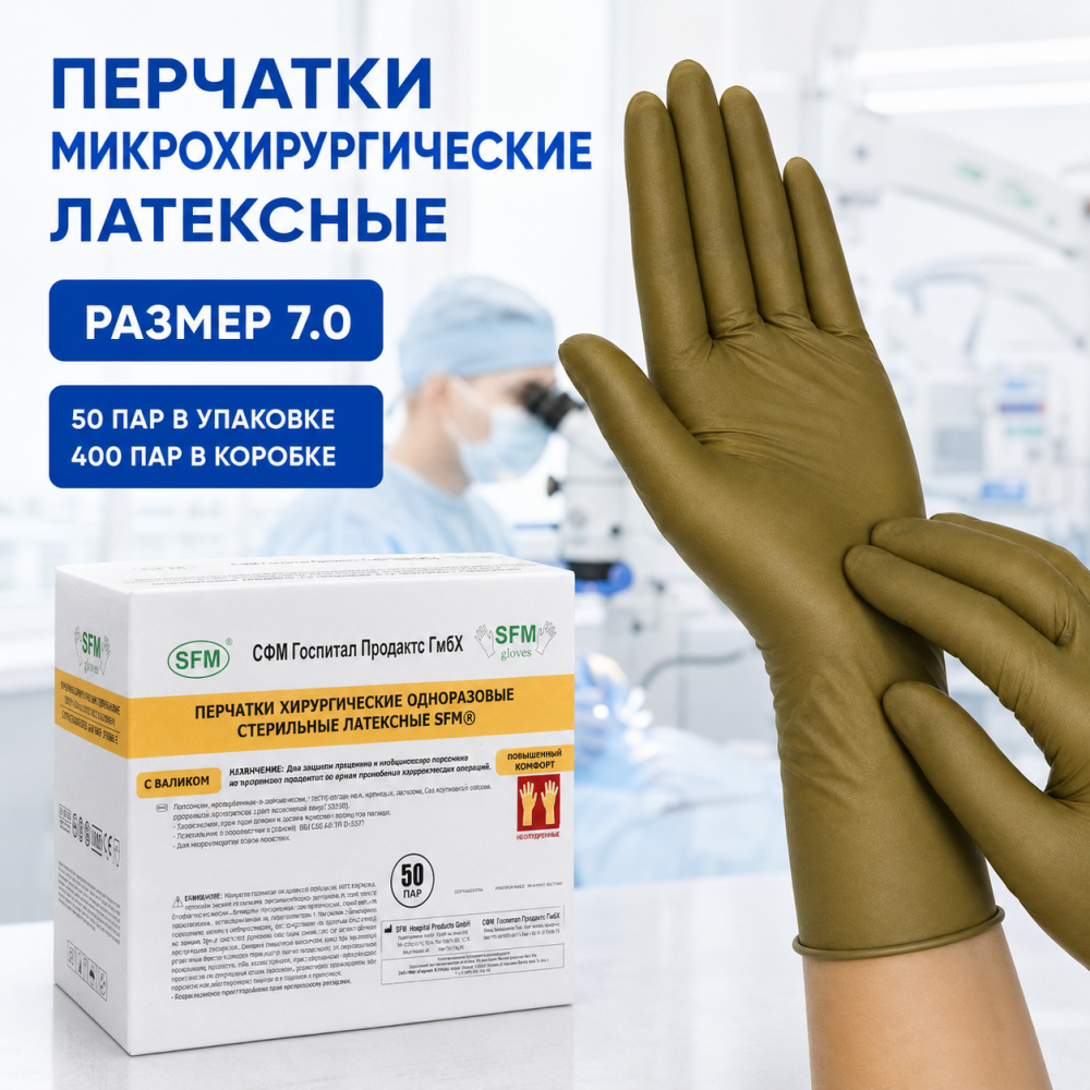 Фото Перчатки микрохирургические латексные, стерильные, неопудренные, размер 7.0, цвет: коричневый, с валиком (50пар/уп.,400пар/кор.) SFM