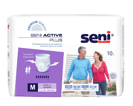 Фото Трусы впитывающие для взрослых Seni Active Plus для средней и тяжёлой степени недержания, размер Medium (М) 10шт/уп.,80шт/кор.