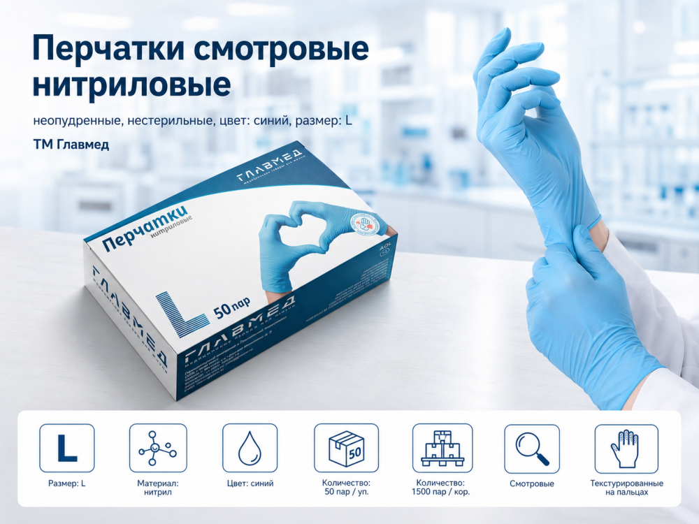 Фото Перчатки смотровые нитриловые, неопудренные, нестерильные, цвет: синий, размер: L (50пар/уп.,1500пар/кор.) ТМ Главмед