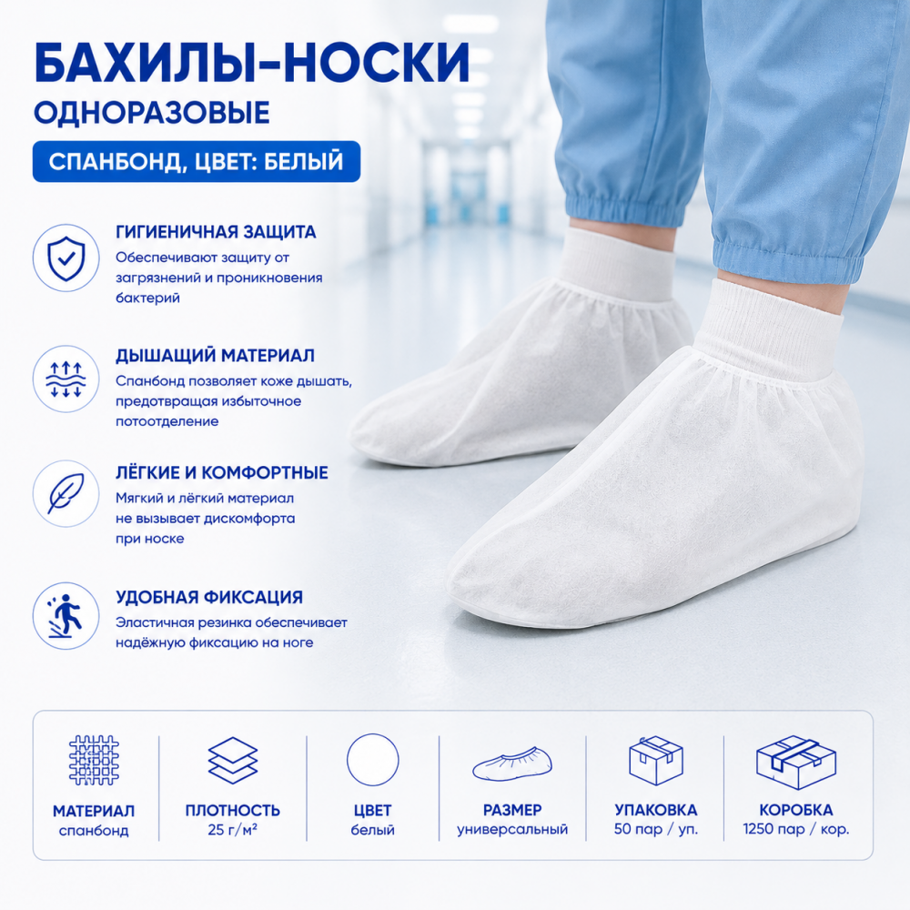 Фото Бахилы-носки одноразовые, спанбонд, цвет: белый, пл.25г/м2 (50пар/уп.,1250пар/кор.) Новисет