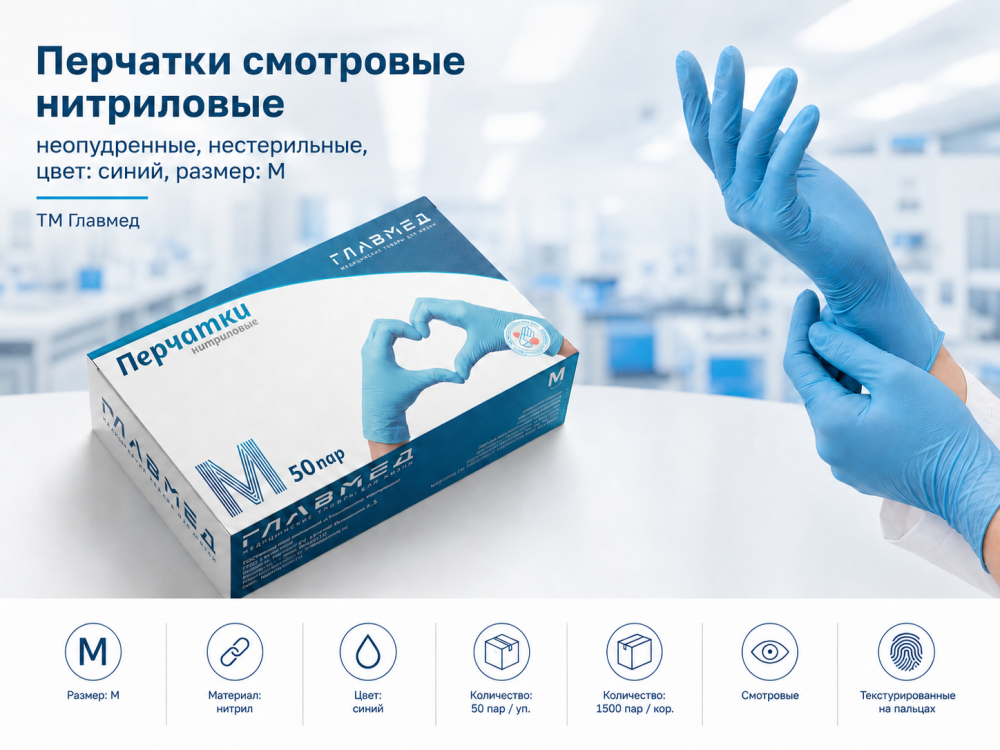 Фото Перчатки смотровые нитриловые, неопудренные, нестерильные, цвет: синий, размер: M (50пар/уп.,1500пар/кор.) ТМ Главмед