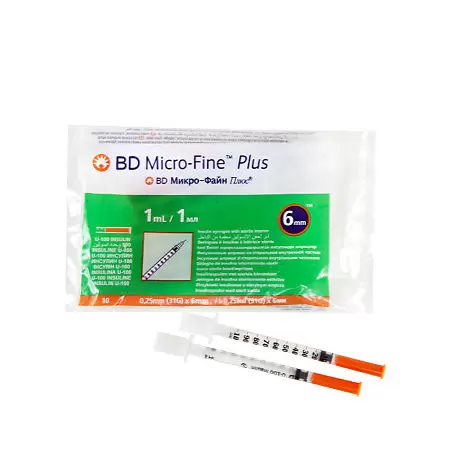 Фото Шприц 3-х компонентные инсулиновый с несъемной иглой 1 ml U-100 игла BD Микро-Файн Плюс 31 G (0,25 x 6,0 mm) (Штуки)