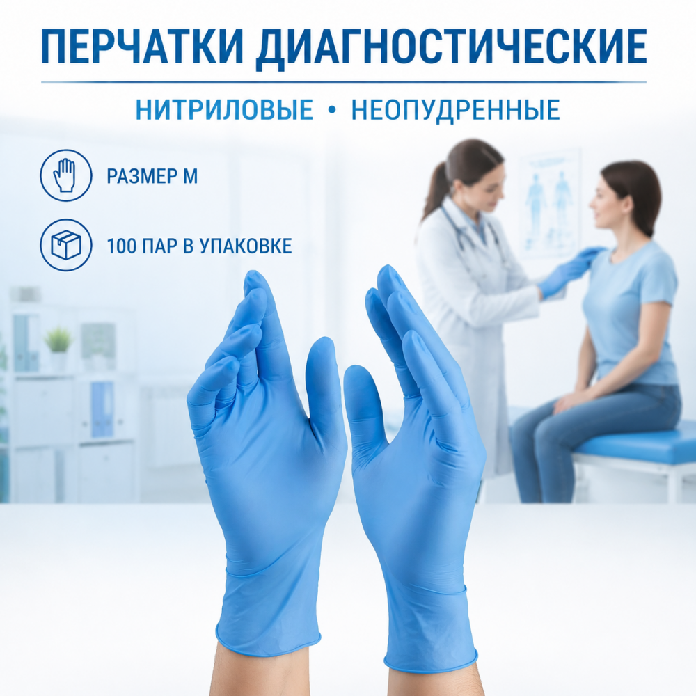 Фото Перчатки мед.диагност. (смотровые) одноразовые,нестерильные,нитриловые,неопудренные,хлорированные,голубой,Benovy,раз.M,(100пар/уп.,1000пар/кор.)