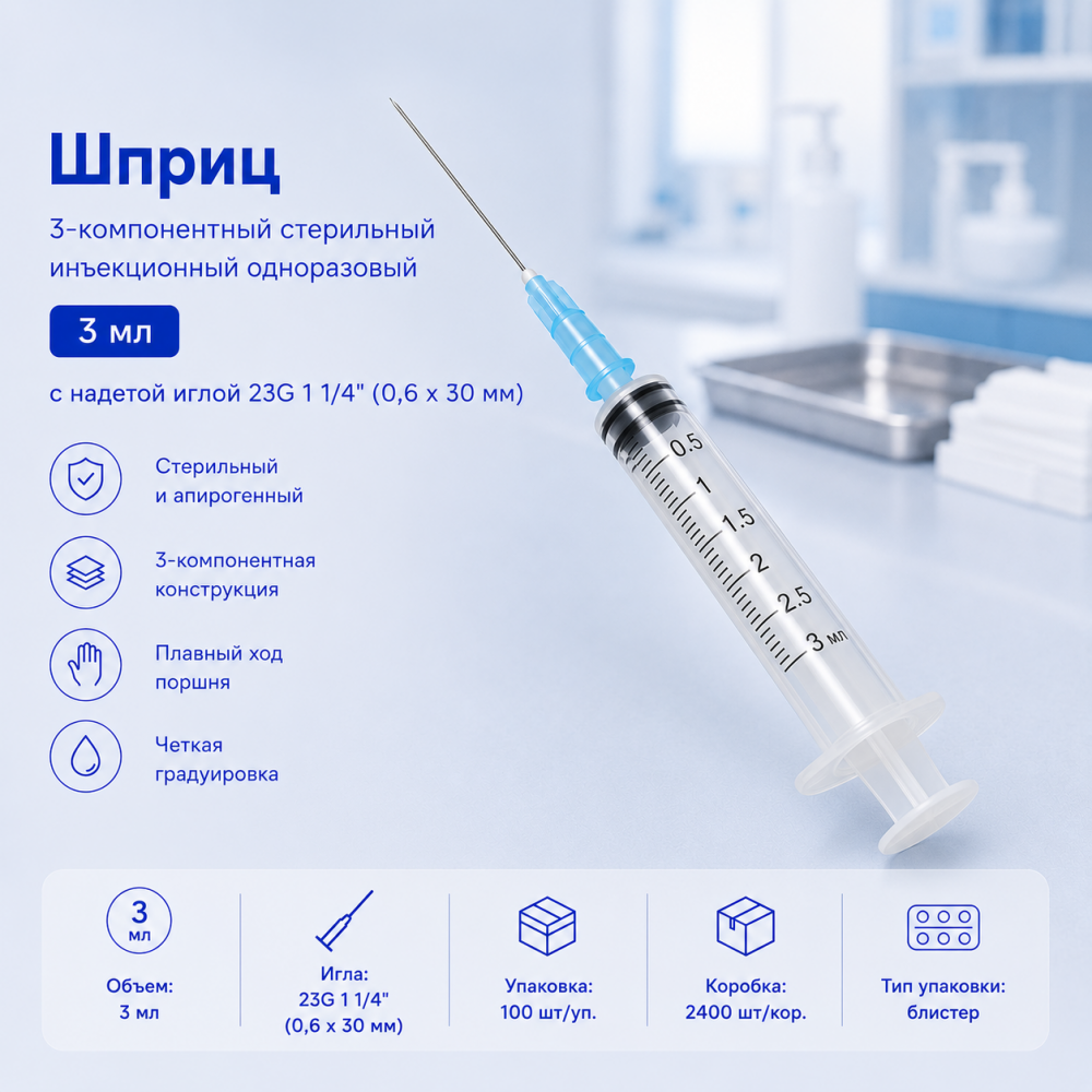 Фото Шприц 3-компон. стерил. инъекц.одн. прим. 3 мл с надет.игл. 23G 1 1/4" (0.6x30 мм) SFTrio, 3-к.,блистер, 2400шт/кор. /100шт./уп., SF Medical