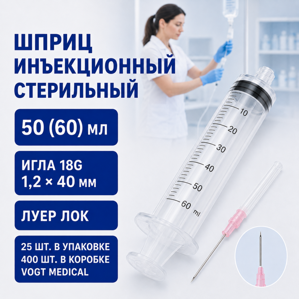 Фото Шприц одноразовый стерильный Vogt Medical 50(60)мл с приложенной иглой 18G (1.2*40мм) Луер Лок, (25шт./уп./400шт./кор.)